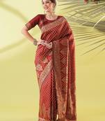 Maroon pure silk woven zari work saree with blouse