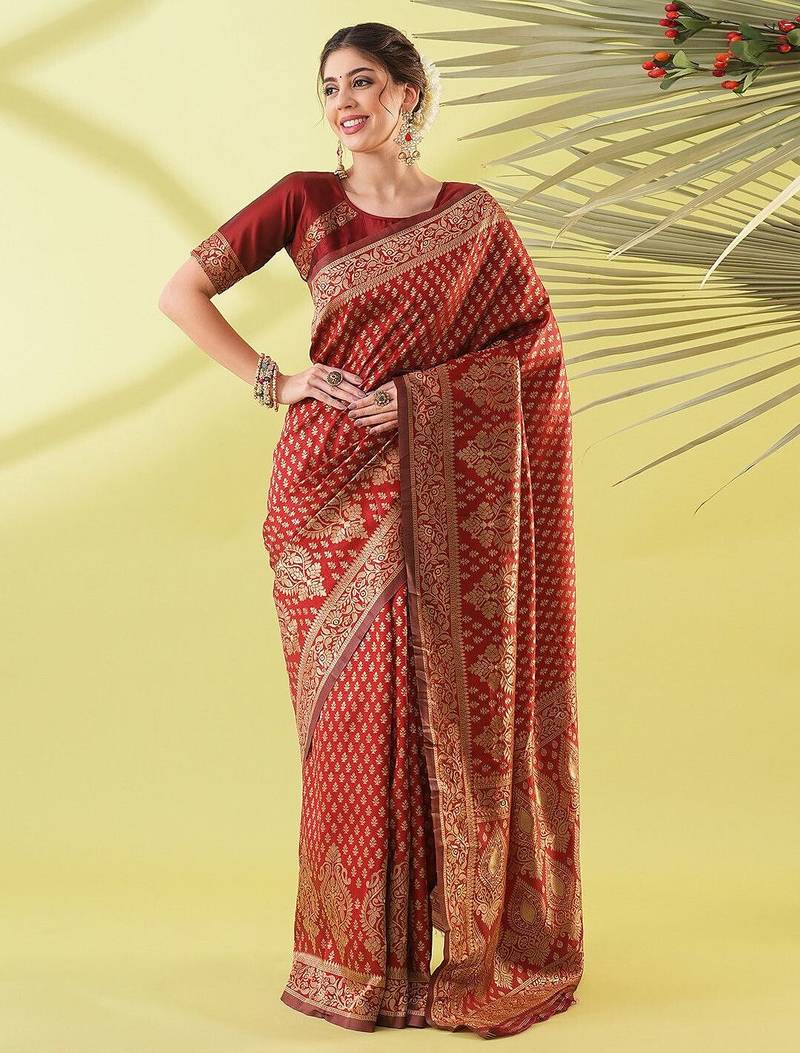 Maroon pure silk woven zari work saree with blouse