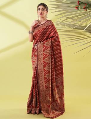 Maroon pure silk woven zari work saree with blouse 2