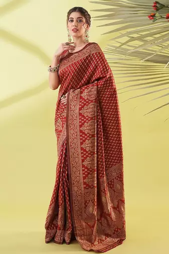 Maroon pure silk woven zari work saree with blouse