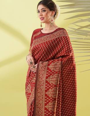 Maroon pure silk woven zari work saree with blouse 3