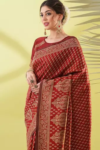 Maroon pure silk woven zari work saree with blouse