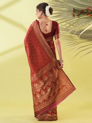 Maroon pure silk woven zari work saree with blouse 4