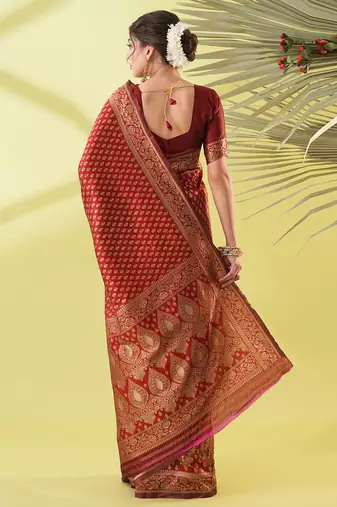 Maroon pure silk woven zari work saree with blouse