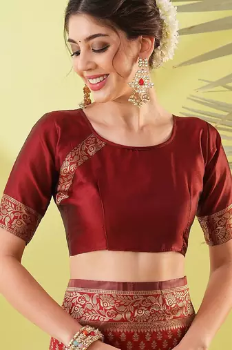 Maroon pure silk woven zari work saree with blouse
