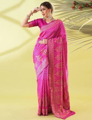 Pink pure silk woven zari work saree with blouse 1