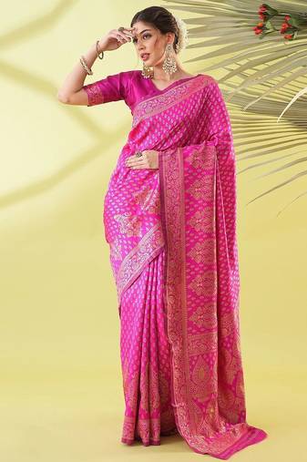 Pink pure silk woven zari work saree with blouse