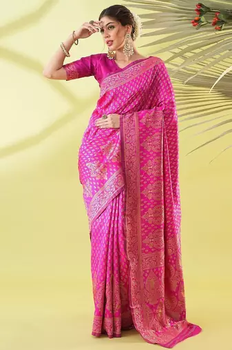 Pink pure silk woven zari work saree with blouse