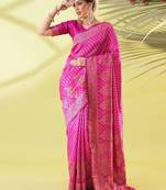 Pink pure silk woven zari work saree with blouse