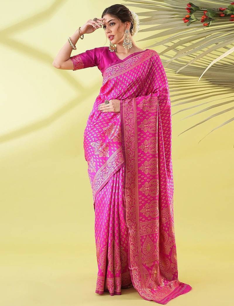 Pink pure silk woven zari work saree with blouse