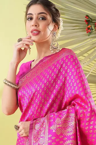 Pink pure silk woven zari work saree with blouse