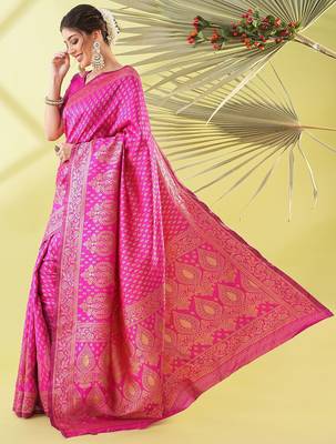 Pink pure silk woven zari work saree with blouse 3