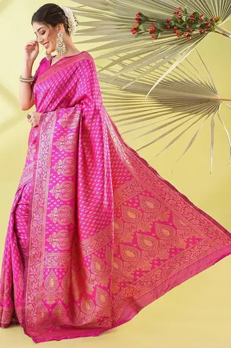 Pink pure silk woven zari work saree with blouse