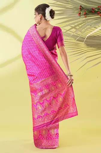 Pink pure silk woven zari work saree with blouse
