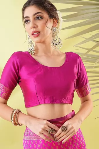 Pink pure silk woven zari work saree with blouse