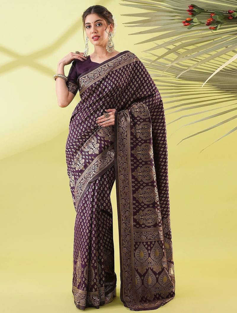 Magenta pure silk woven zari work saree with blouse