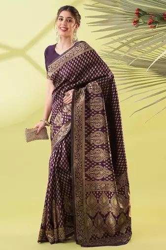 Magenta pure silk woven zari work saree with blouse
