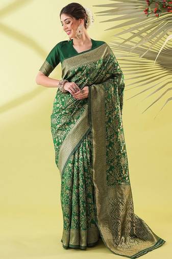 Green pure silk woven zari work saree with blouse