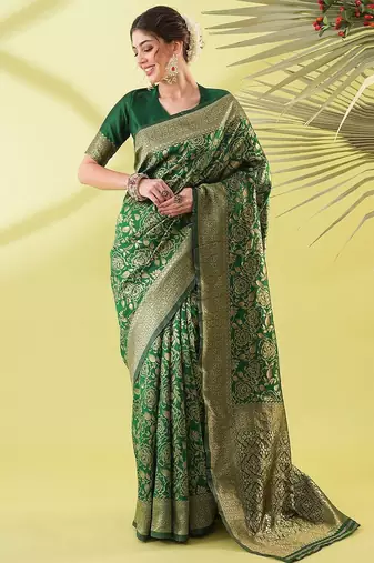 Green pure silk woven zari work saree with blouse
