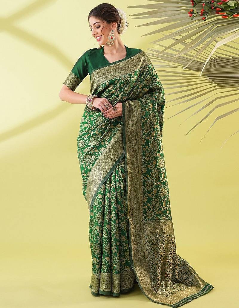 Green pure silk woven zari work saree with blouse