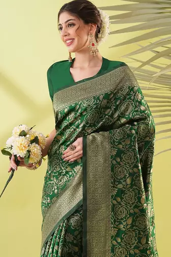 Green pure silk woven zari work saree with blouse