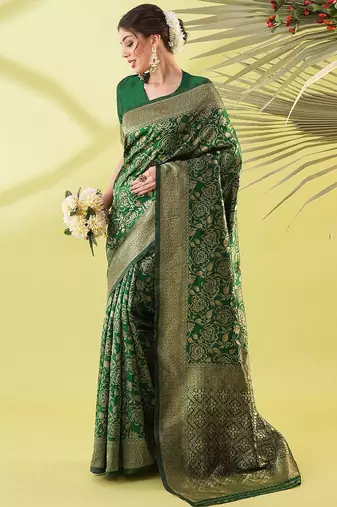 Green pure silk woven zari work saree with blouse