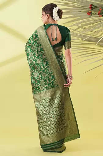 Green pure silk woven zari work saree with blouse