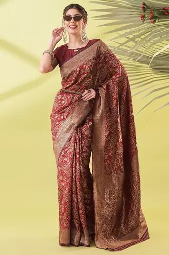 Maroon pure silk woven zari work saree with blouse