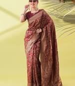 Maroon pure silk woven zari work saree with blouse