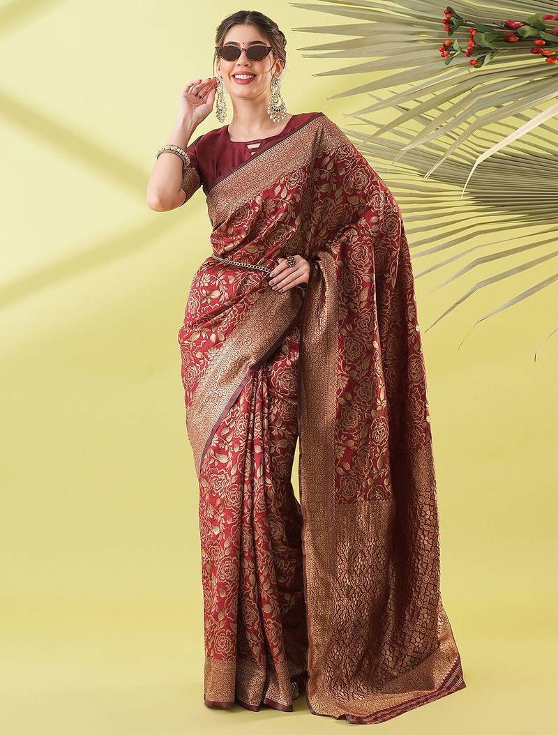 Maroon pure silk woven zari work saree with blouse