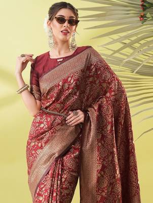 Maroon pure silk woven zari work saree with blouse 2