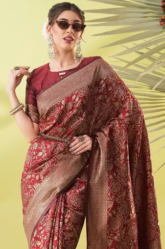 Maroon pure silk woven zari work saree with blouse
