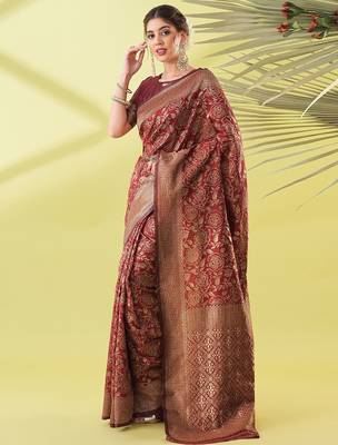 Maroon pure silk woven zari work saree with blouse 3