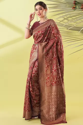 Maroon pure silk woven zari work saree with blouse