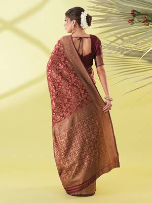 Maroon pure silk woven zari work saree with blouse 4