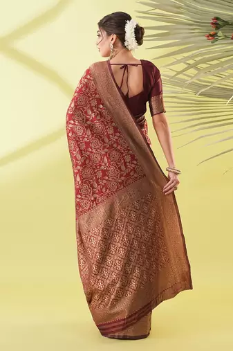 Maroon pure silk woven zari work saree with blouse