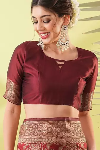 Maroon pure silk woven zari work saree with blouse
