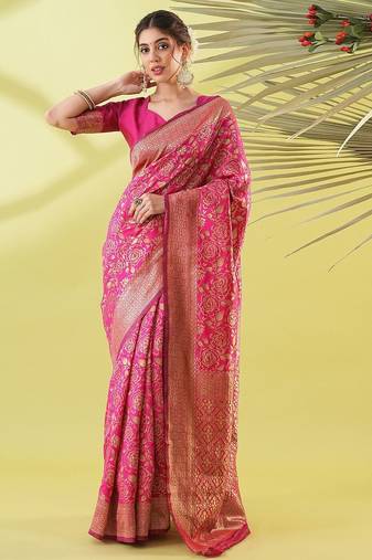 Pink pure silk woven zari work saree with blouse