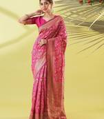Pink pure silk woven zari work saree with blouse