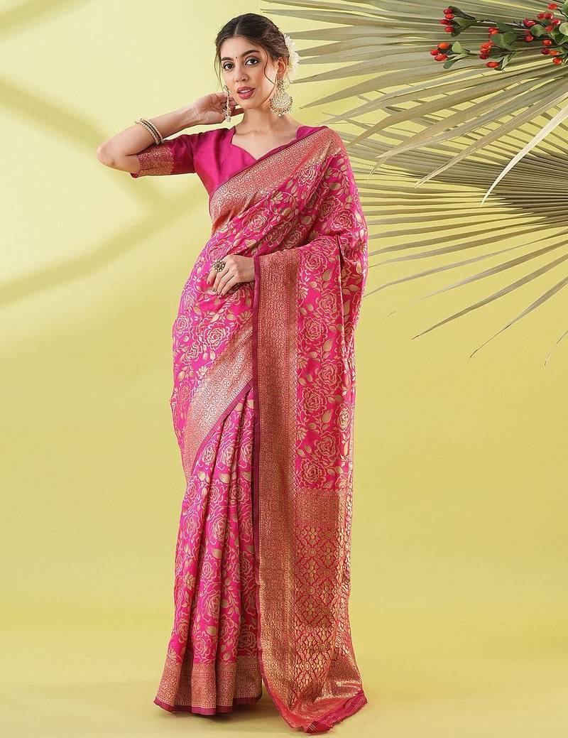 Pink pure silk woven zari work saree with blouse
