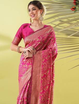 Pink pure silk woven zari work saree with blouse 2