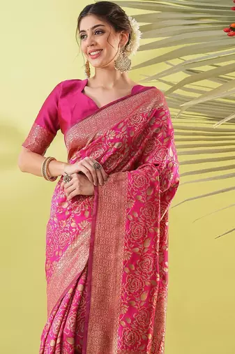 Pink pure silk woven zari work saree with blouse
