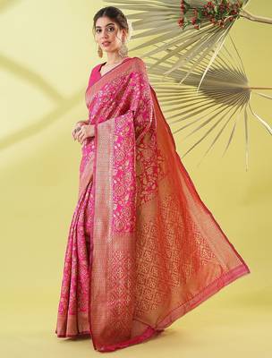 Pink pure silk woven zari work saree with blouse 3