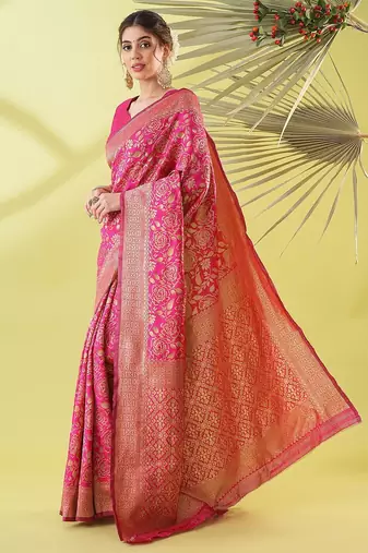 Pink pure silk woven zari work saree with blouse