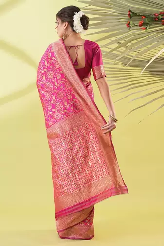 Pink pure silk woven zari work saree with blouse