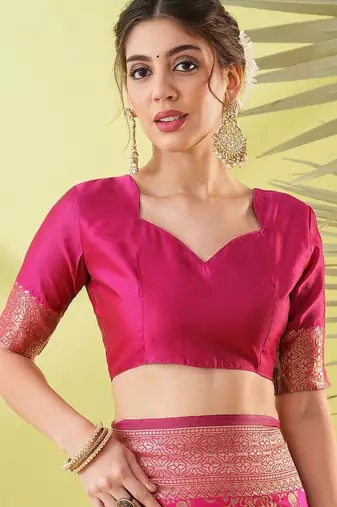 Pink pure silk woven zari work saree with blouse
