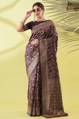 Magenta pure silk woven zari work saree with blouse