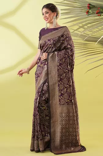Magenta pure silk woven zari work saree with blouse