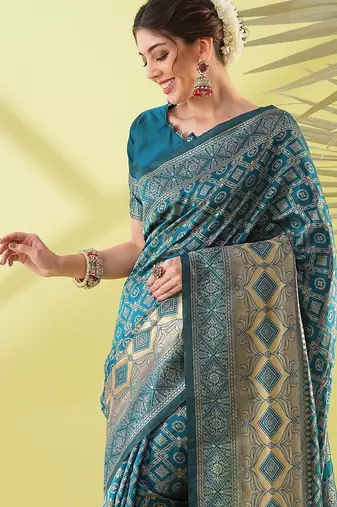 Light blue pure silk woven zari work saree with blouse