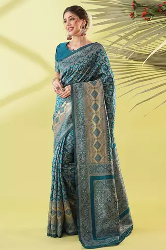 Light blue pure silk woven zari work saree with blouse